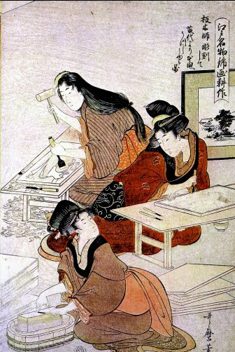 Artesanas realizando un grabado en madera de Kunisada