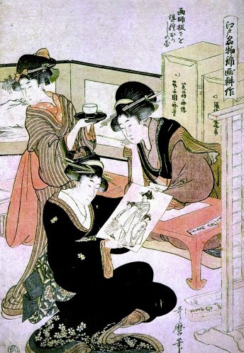 Artesanas realizando un grabado en madera de Kunisada 